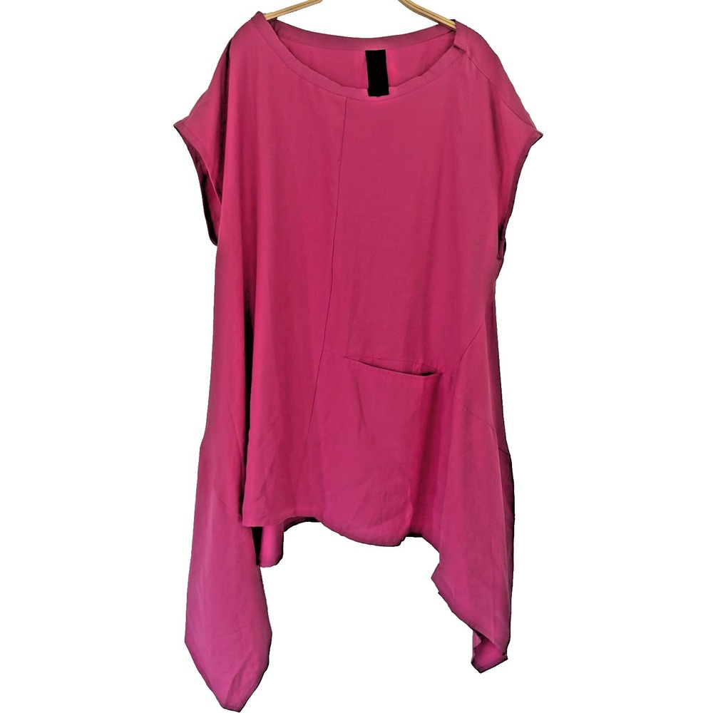 Kedem Sasson Pink Lagenlook Dress Tunic Asymmetrical Short Sleeve Pocket Sz 2 XL